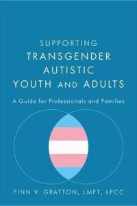 Blauwe achtergrond met witte tekst. Overlappende cirkels met het overlappende deel in de trans vlag ingekleurd.