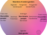 Cirkel met in het midden de non-binaire paraplu, aan het linkereinde de mannelijke paraplu, aan het rechteruiteinde de vrouwelijke paraplu, aan de bovenkant meerdere of andere genders, en aan de onderkant geen gender; op dit spectrum worden verschillende genderidentiteiten geplaatst
