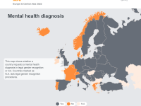 Deze kaart laat zien of een land om een ​​diagnose van geestelijke gezondheid vraagt ​​in de wettelijke gendererkenning of niet. Gemarkeerde landen hebben geen wettelijke procedures voor gendererkenning.