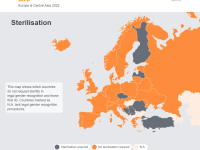 De kaart toont in welke Europese landen sterilisatie nog verplicht is vooraleer men de wettelijke geslachtsregistratie kan aanpassen. Dit is verplicht in: Bulgarije, Bosnië Herzegovina, Finland, Letland, Macedonië, Servië, Tsjechië en Turkije.